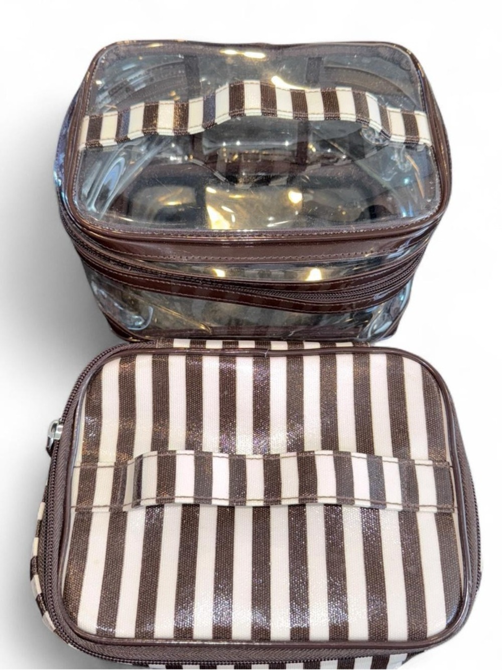 Vintage Henri Bendel New York  Clear Striped Two-piece travel cosmetic Bag set